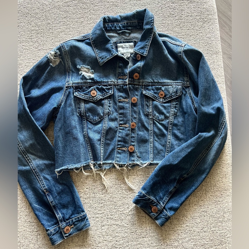 {Forever 21} Classic Blue Distressed Cropped Denim Jacket